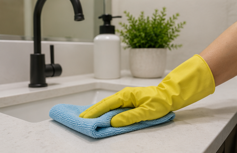 Gloved hand wiping a kitchen counter with a blue cloth beside a sink