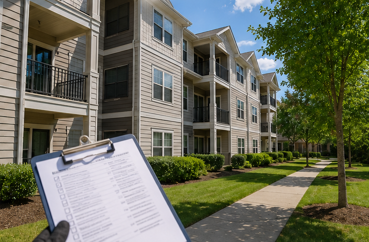 Clipboard with checklist in front of apartment buildings and sidewalk on a sunny day