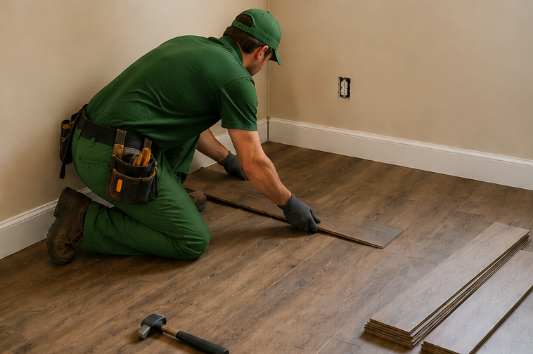 Worker in green uniform installing wood flooring in a room with beige walls and white baseboard.