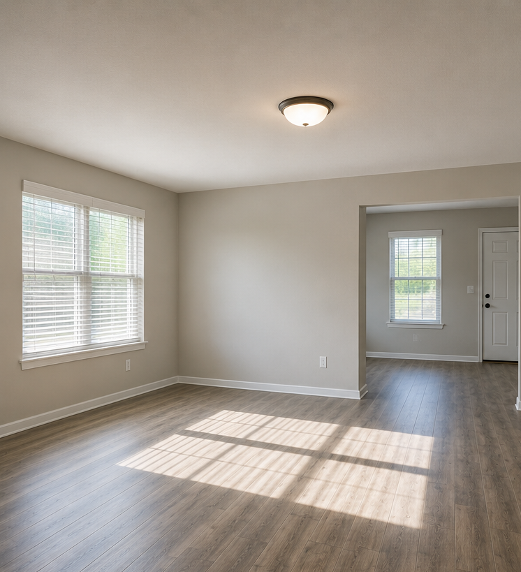 Empty living room with gray walls, wood-look floor, and sunlight streaming through windows