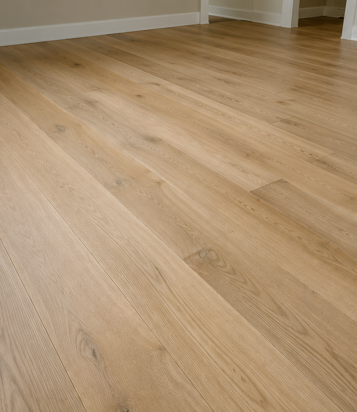 Light oak wood flooring in an empty room with white walls and trim