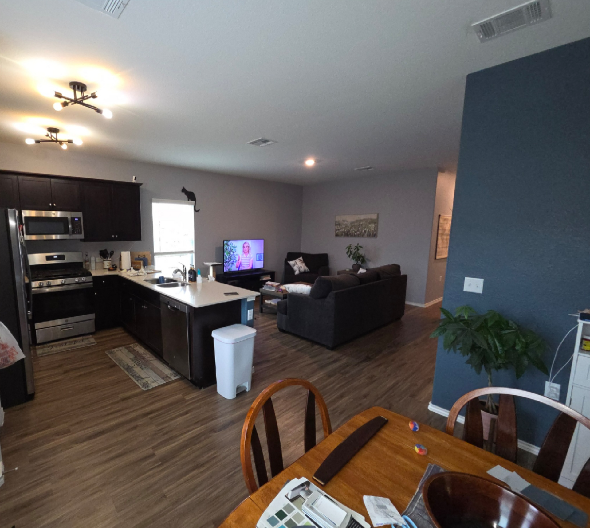 Open-plan living room and kitchen with dark cabinets, wood floors, and a dining table in the foreground.