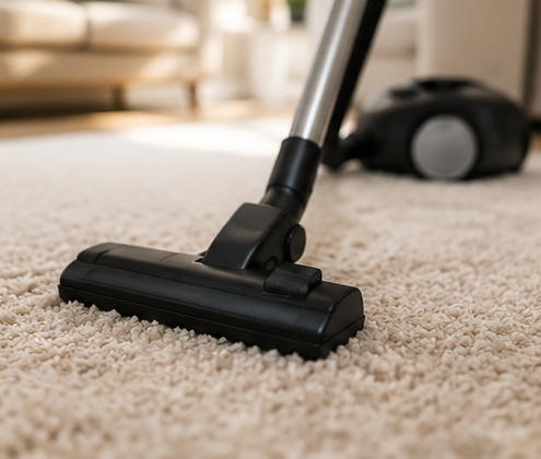 Vacuum cleaner nozzle on beige carpet in a living room