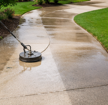 Pressure washer cleaning a wet concrete driveway in front of a suburban house
