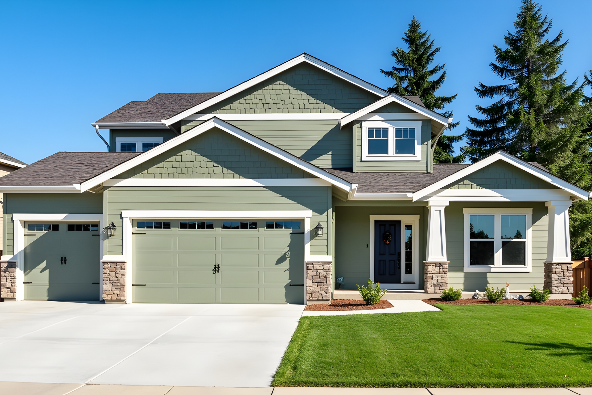 Suburban house with green siding, two-car garage, and a manicured front lawn under a blue sky