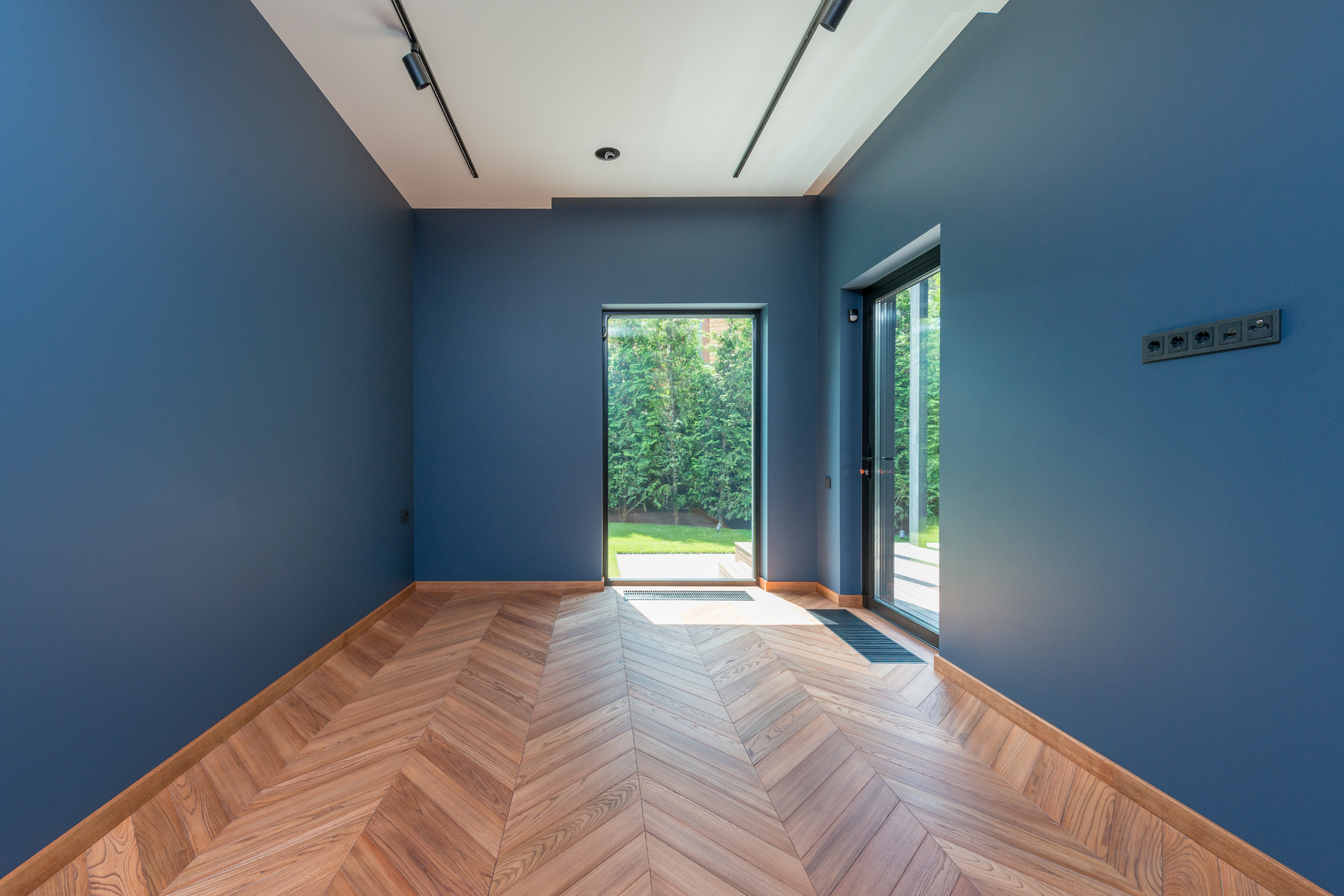 Empty blue room with herringbone wood floor and sunlight through open doorway and window
