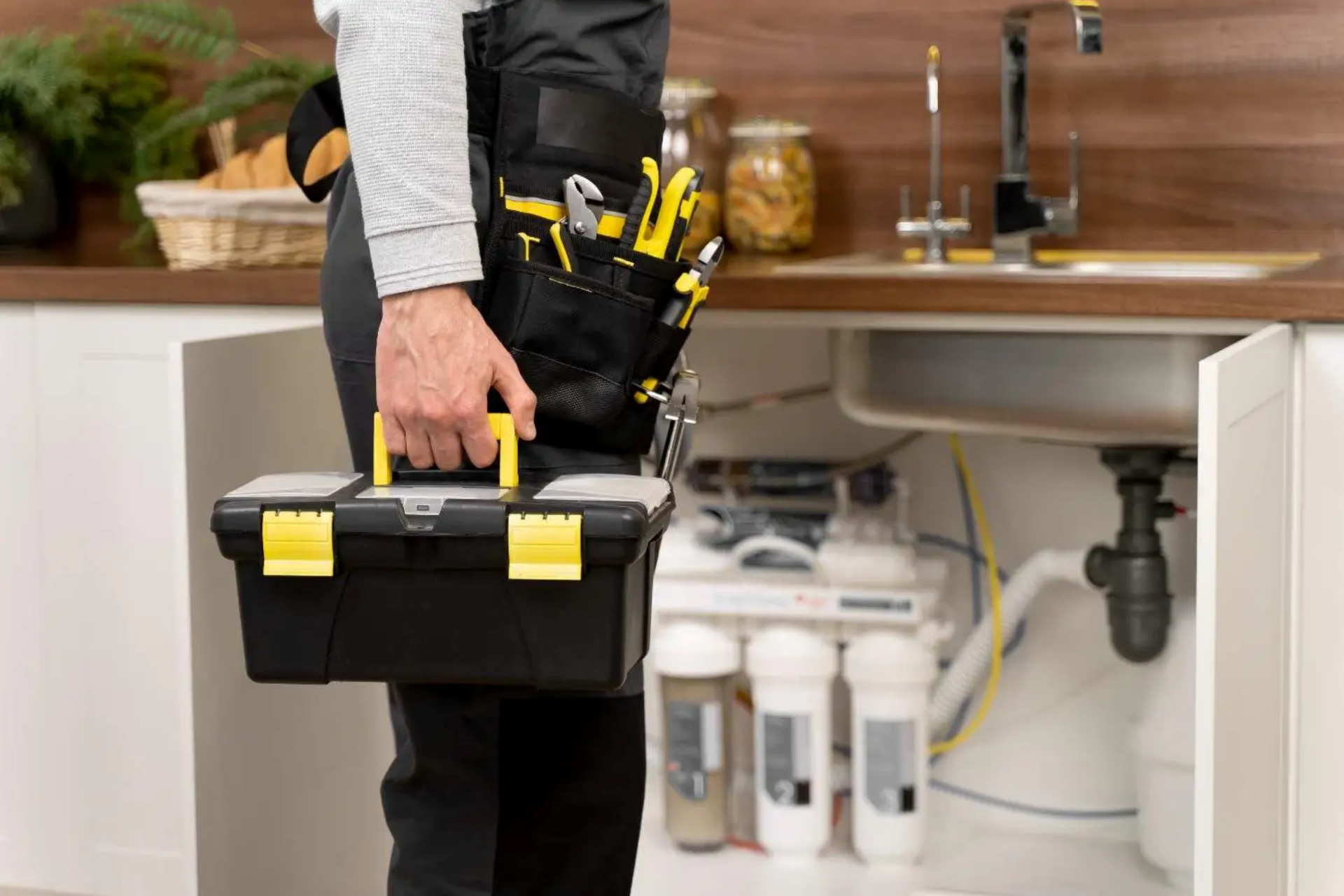 Person carrying a black tool case under a kitchen sink during plumbing work