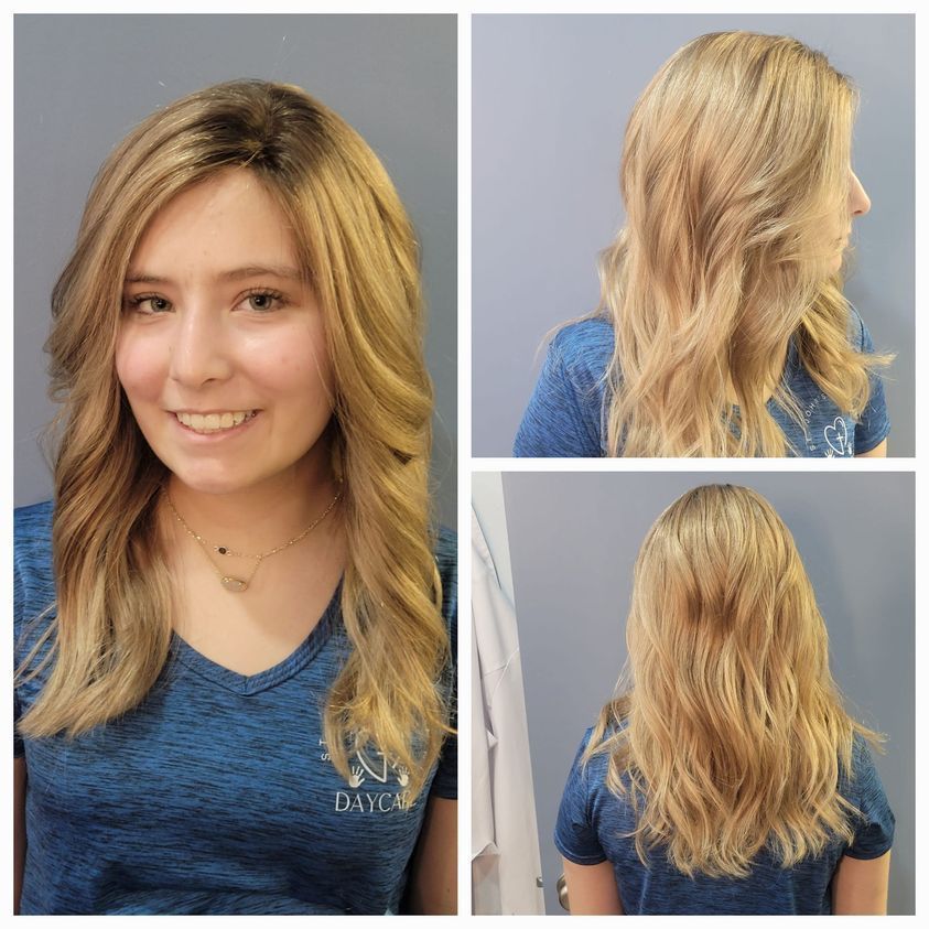 Three-view portrait of a person with long blonde hair in a blue shirt against a gray background.