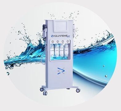 White medical device on wheels with blue liquid splash background and display screen