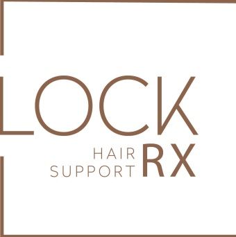 LOCK hair support RX logo in brown and gray on a white background