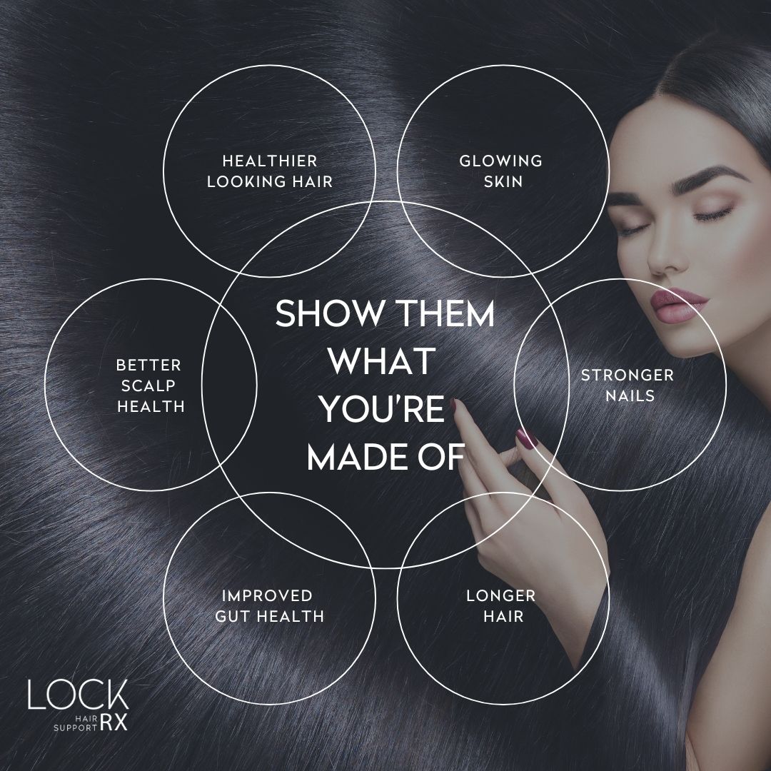 Woman with long dark hair beside text promoting hair, skin, and nail health