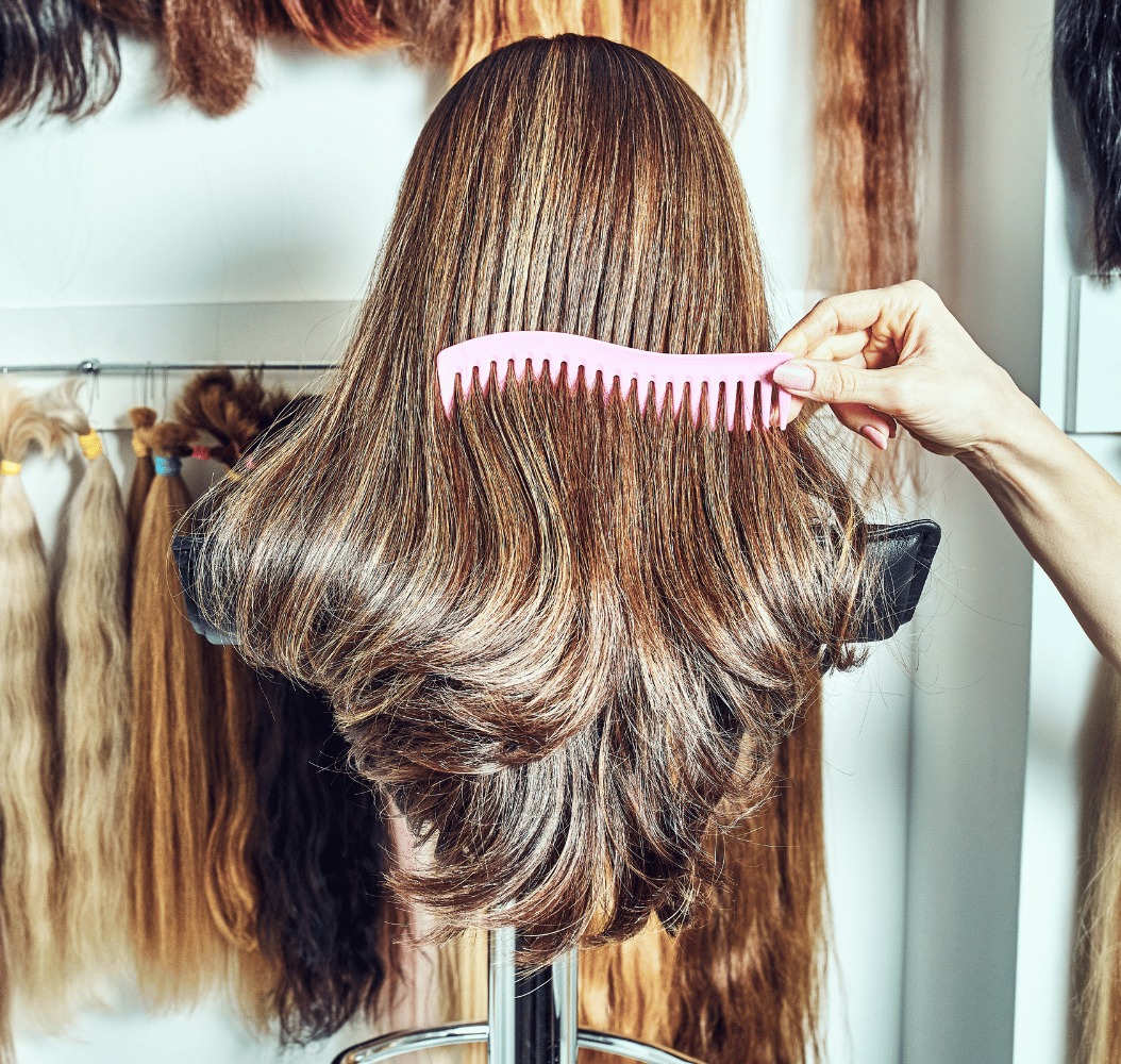 Hair stylist combing long brown hair on a mannequin head in a salon.