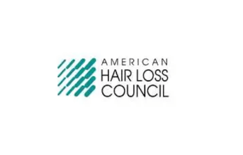 American Hair Loss Council logo with teal diagonal stripes and black text on white background