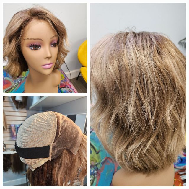 Three views of a short blonde wig: mannequin front, wig cap underside, and back.