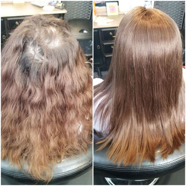 Hair before-and-after comparison: frizzy, uneven hair transformed into smooth, straightened brown hair
