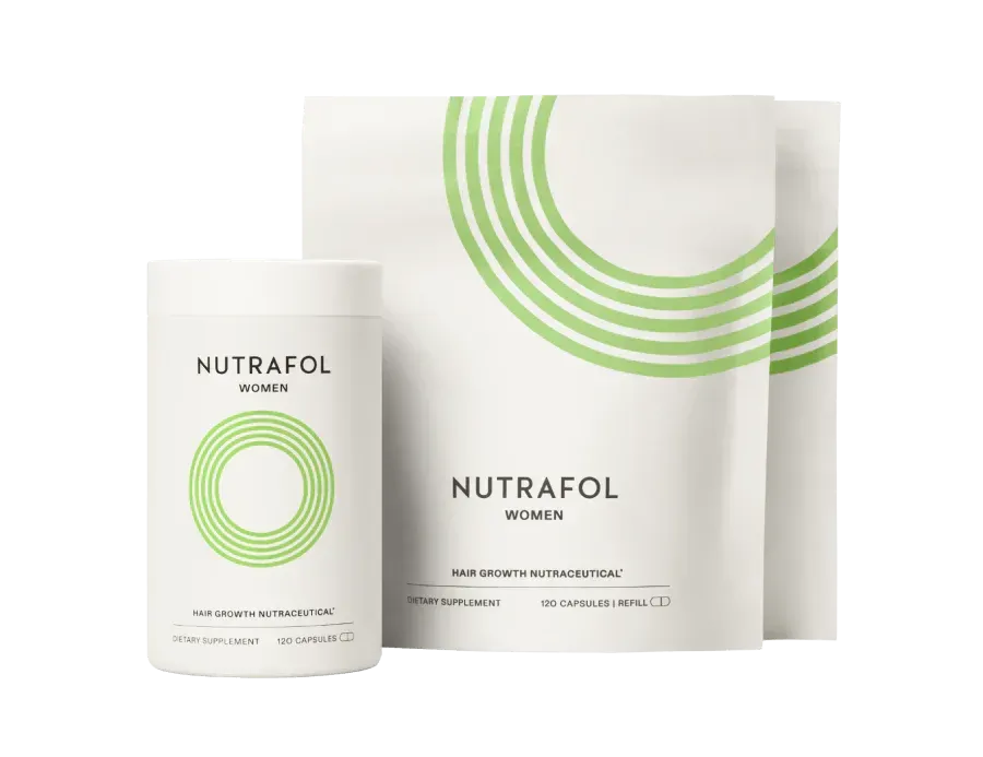 NUTRAFOL hair supplement bottle and pouch in white with green circular design