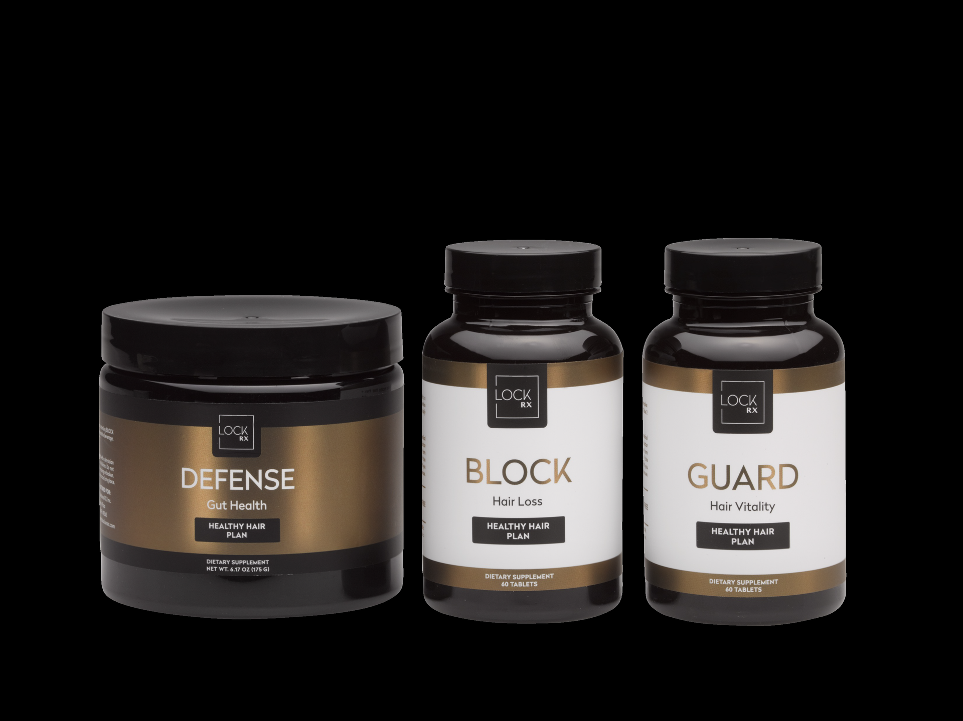Three black-lidded supplement jars labeled Defense, Block, and Guard on a black background