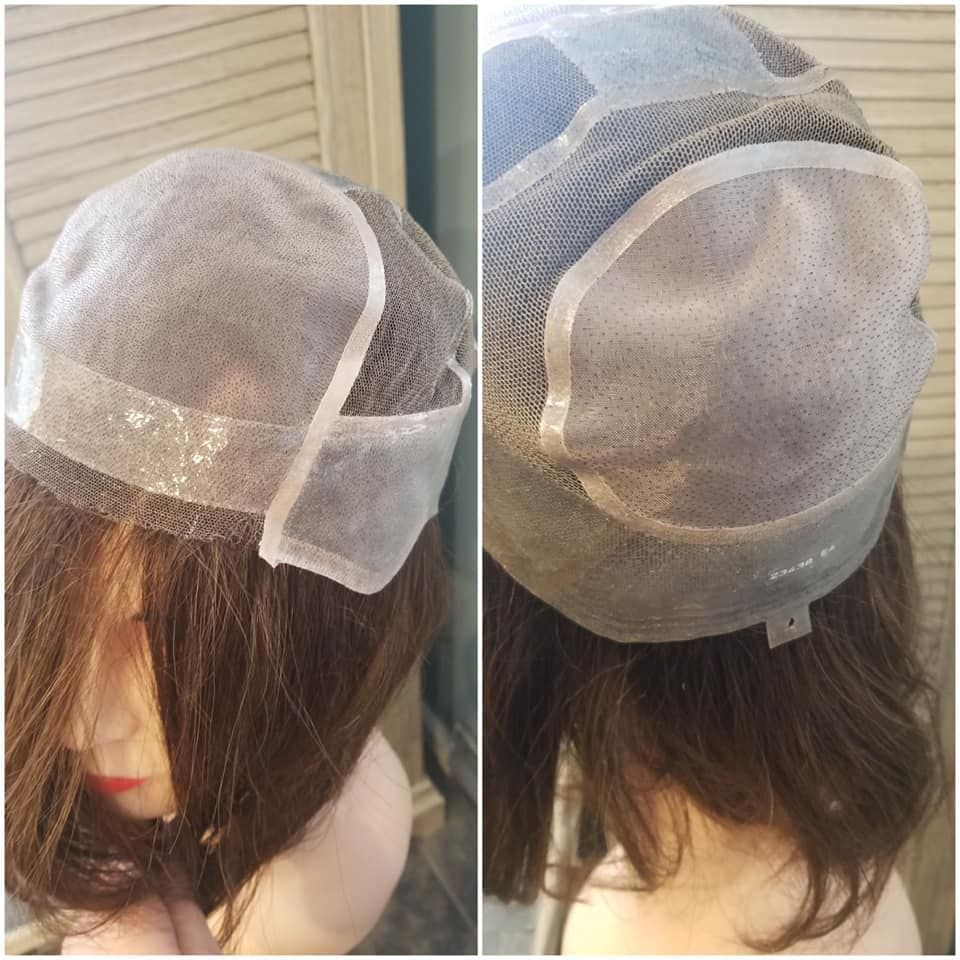 Two views of a gray mesh hair cap covering dark hair on a person’s head