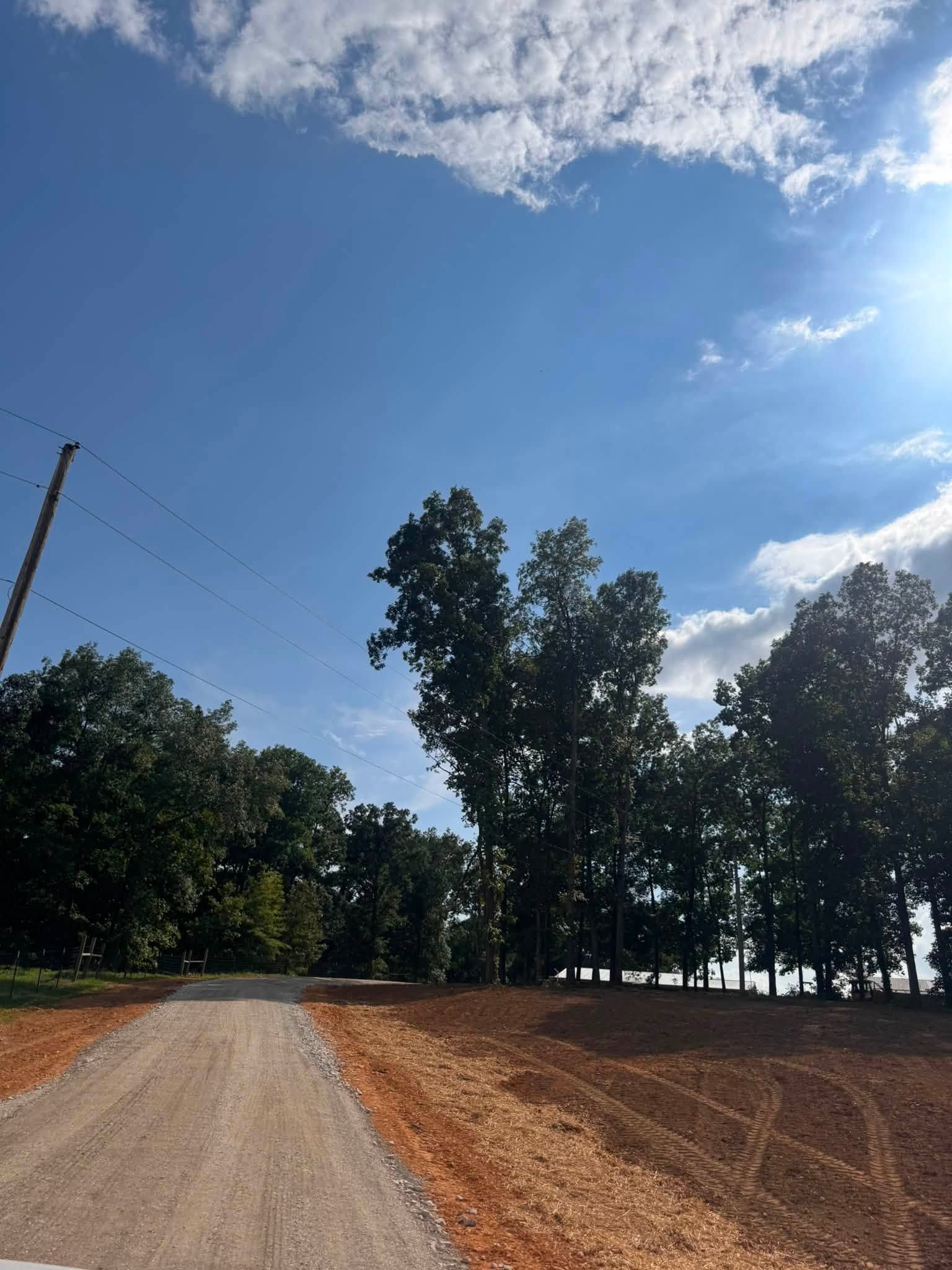 Gravel road beside plowed field and tall trees under a bright blue sky with scattered clouds