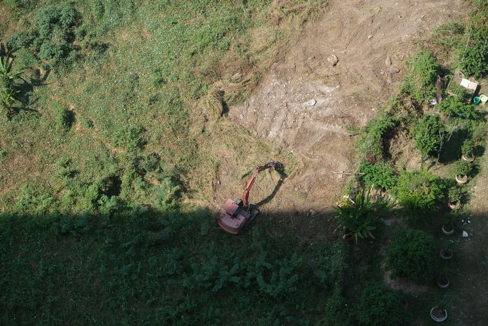 A person in a pink shirt stands on grass near a dirt patch, seen from above with a large shadow across the scene