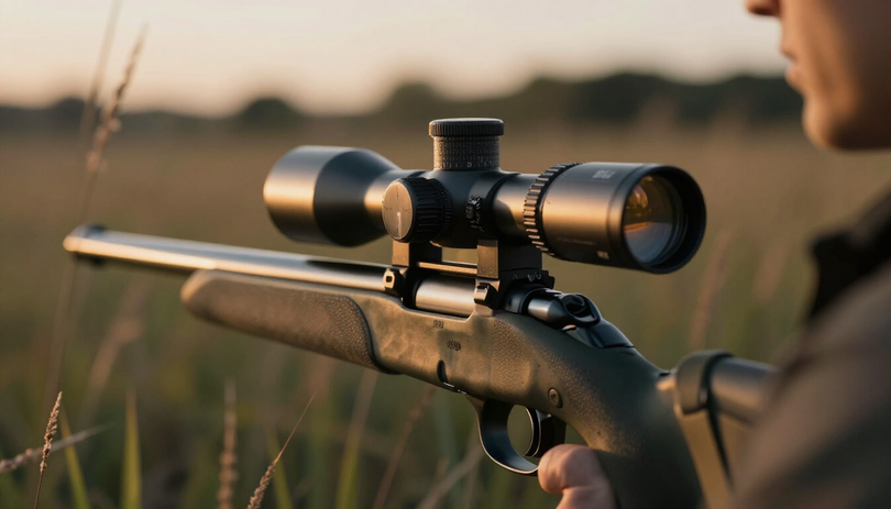 Hunter in a grassy field with a scoped rifle - Outdoor Advertising