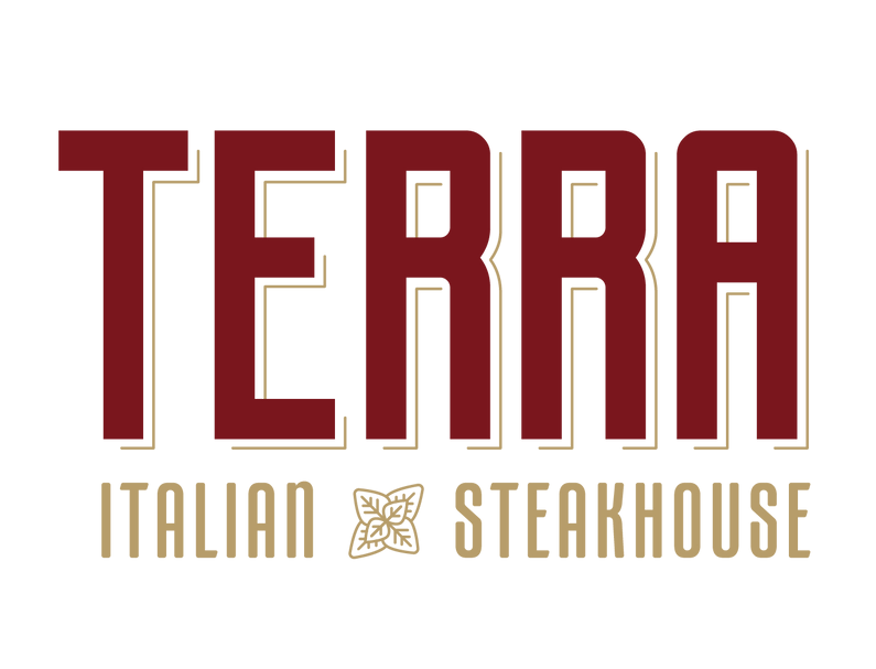 The terra italian steakhouse logo is red and gold on a white background.