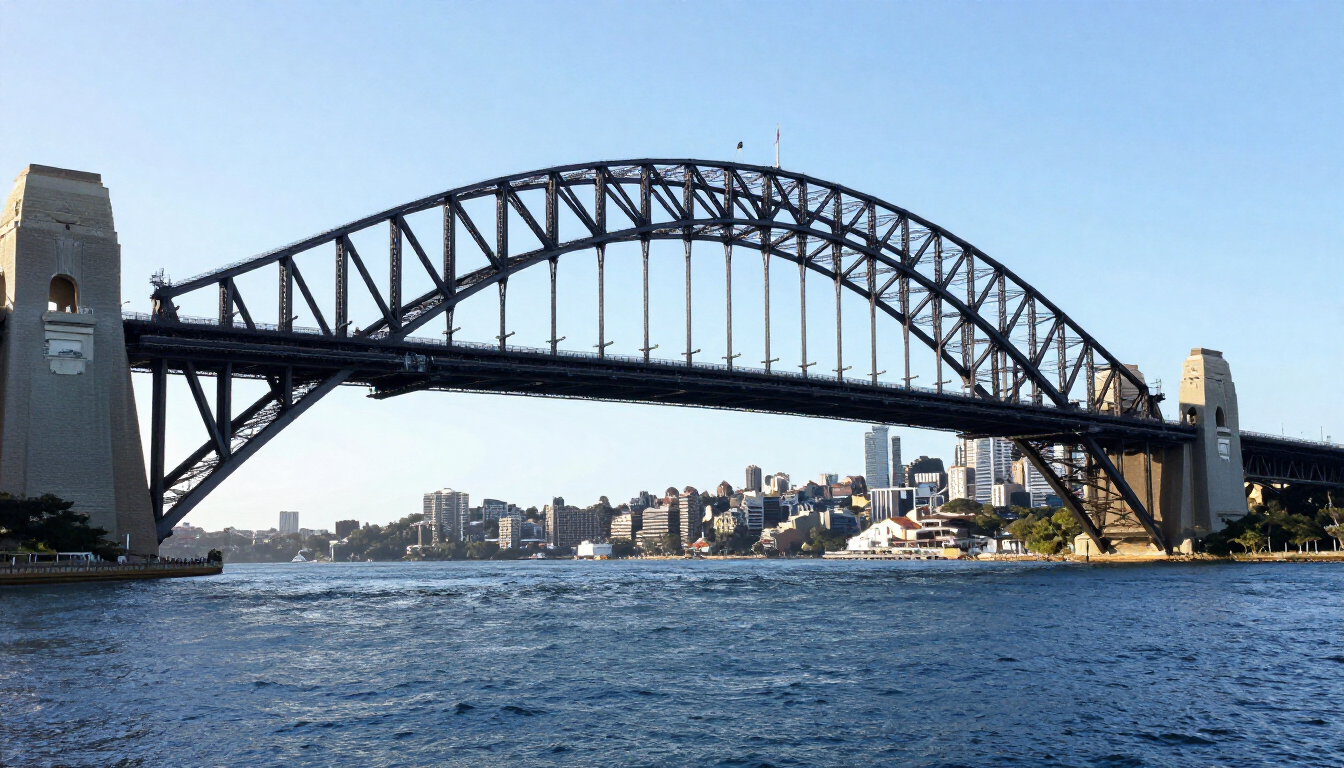 Sydney Harbour Bridge spanning blue water with the city skyline in the background