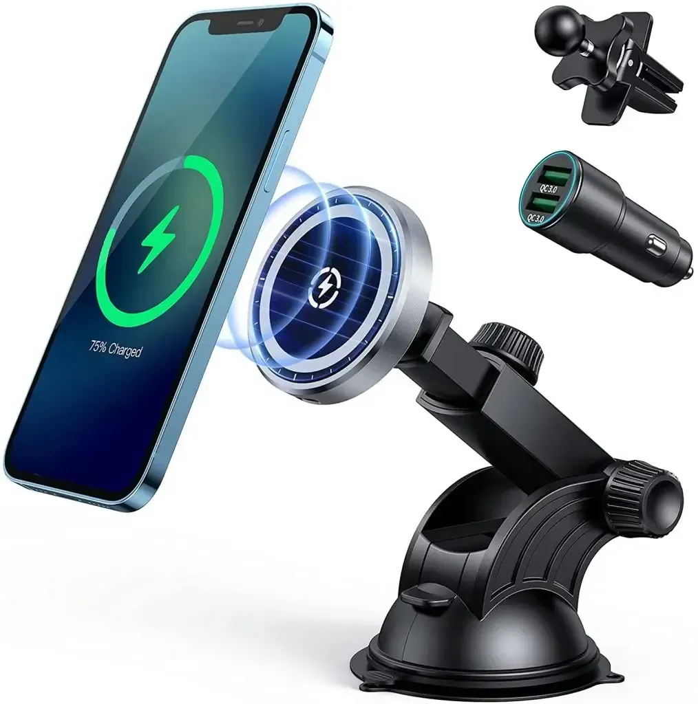 A cell phone is being charged by a magnetic car charger.