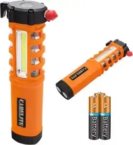 An orange flashlight with two batteries attached to it