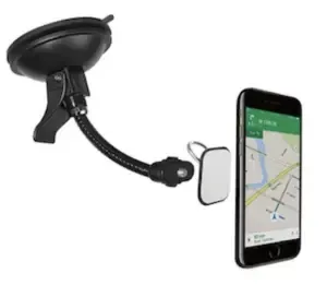 A cell phone sitting on top of a car windshield holder