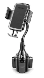 A cell phone holder is sitting on top of a cup holder.