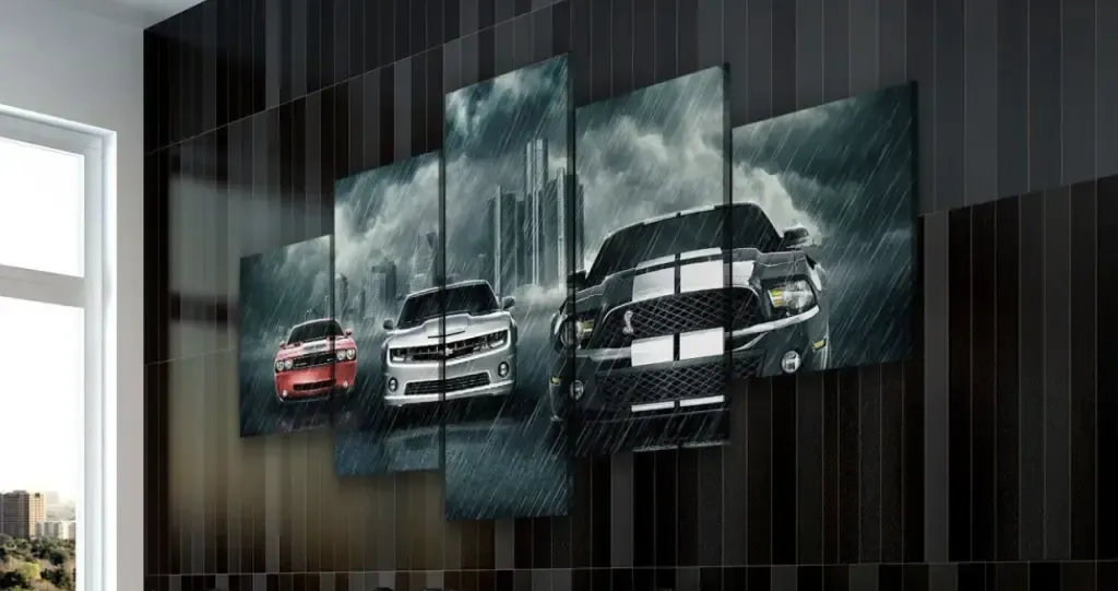 A painting of cars is hanging on a wall in a room.