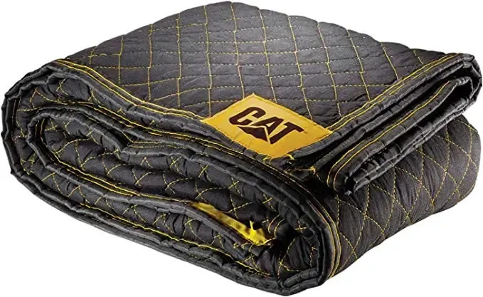 A black blanket with a yellow cat logo on it