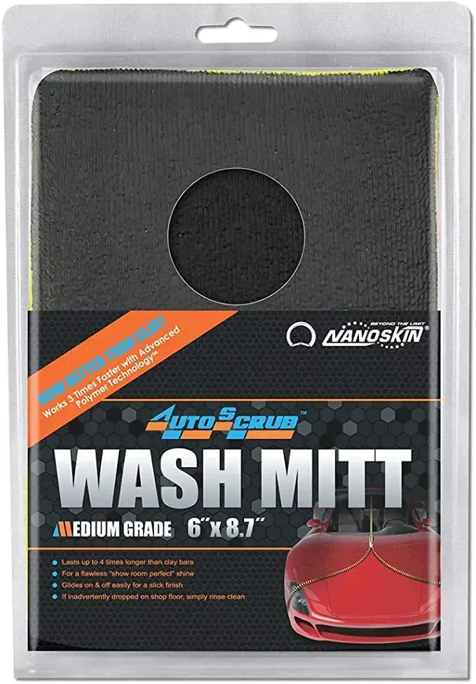 A package of a wash mitt with a picture of a car on it.
