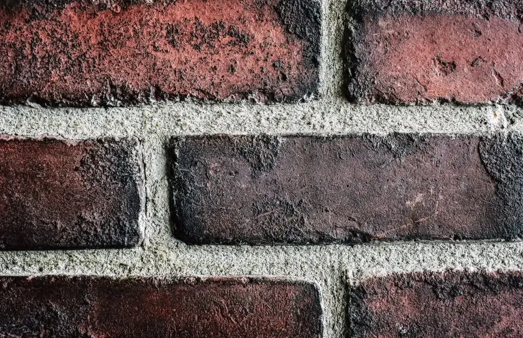 A close up of a brick wall with a white line between the bricks.