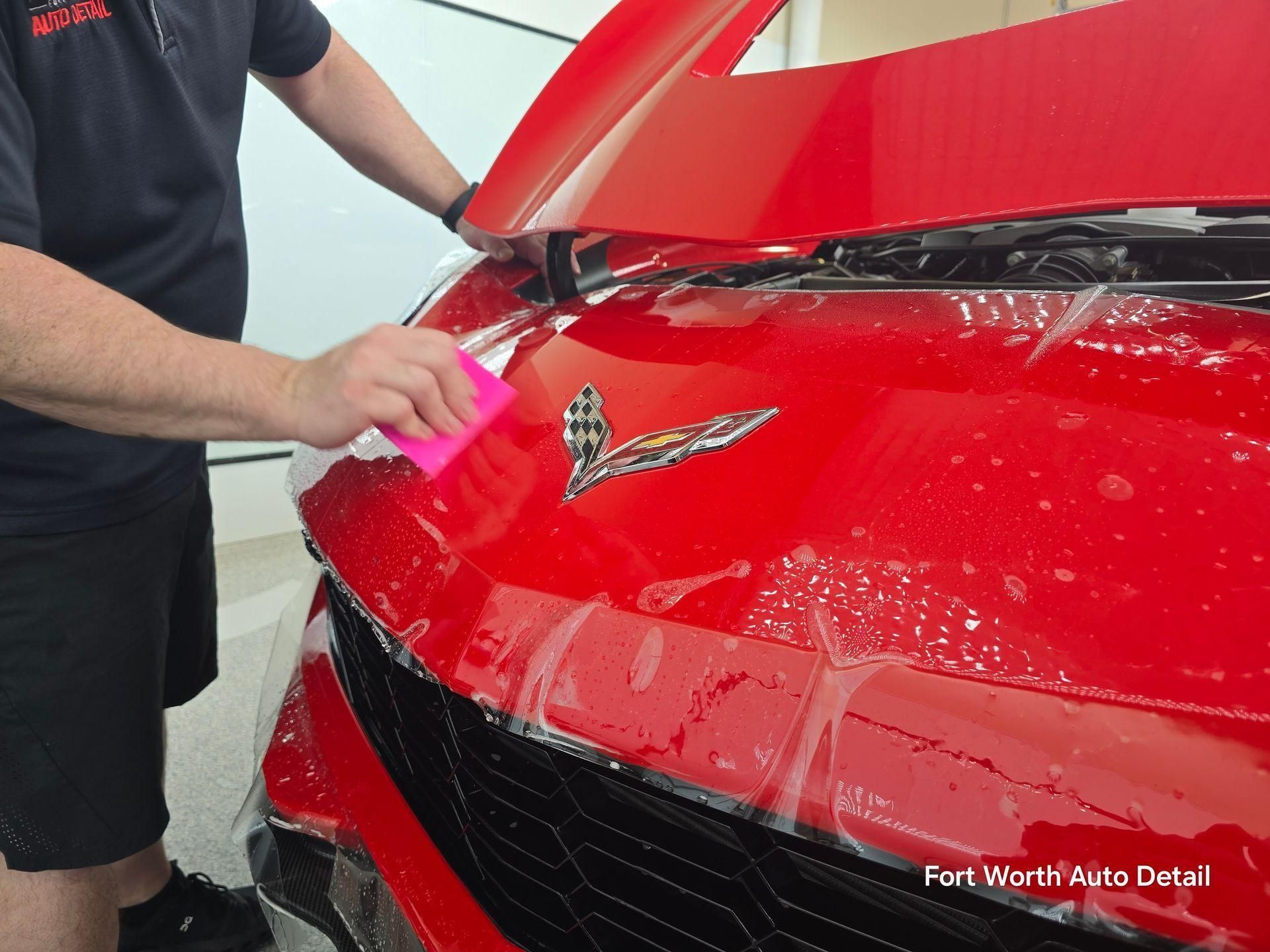 Person wiping a red Chevrolet Corvette front hood in a garage with a pink cloth