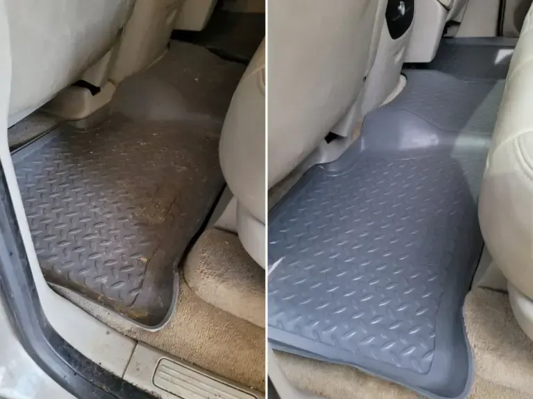 A before and after picture of a car floor mat