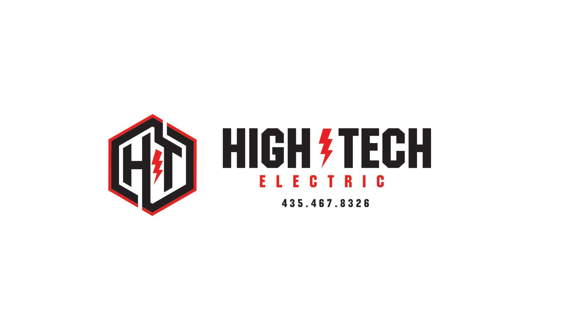 Logo for High Tech Electric, features a red and black hexagonal frame with 