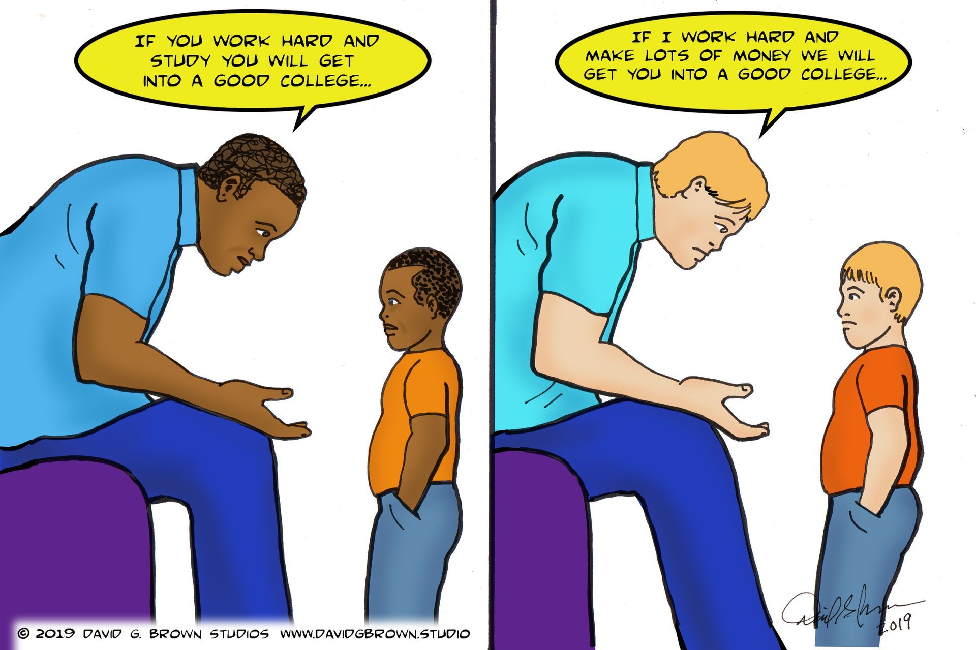 Two panels: Black father/son, white father/son. Fathers advise: 
