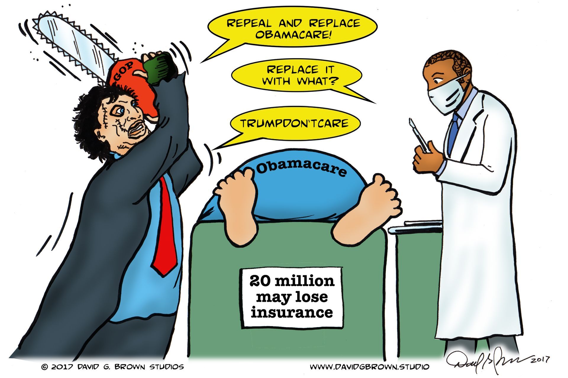Cartoon: Man with chainsaw about to 