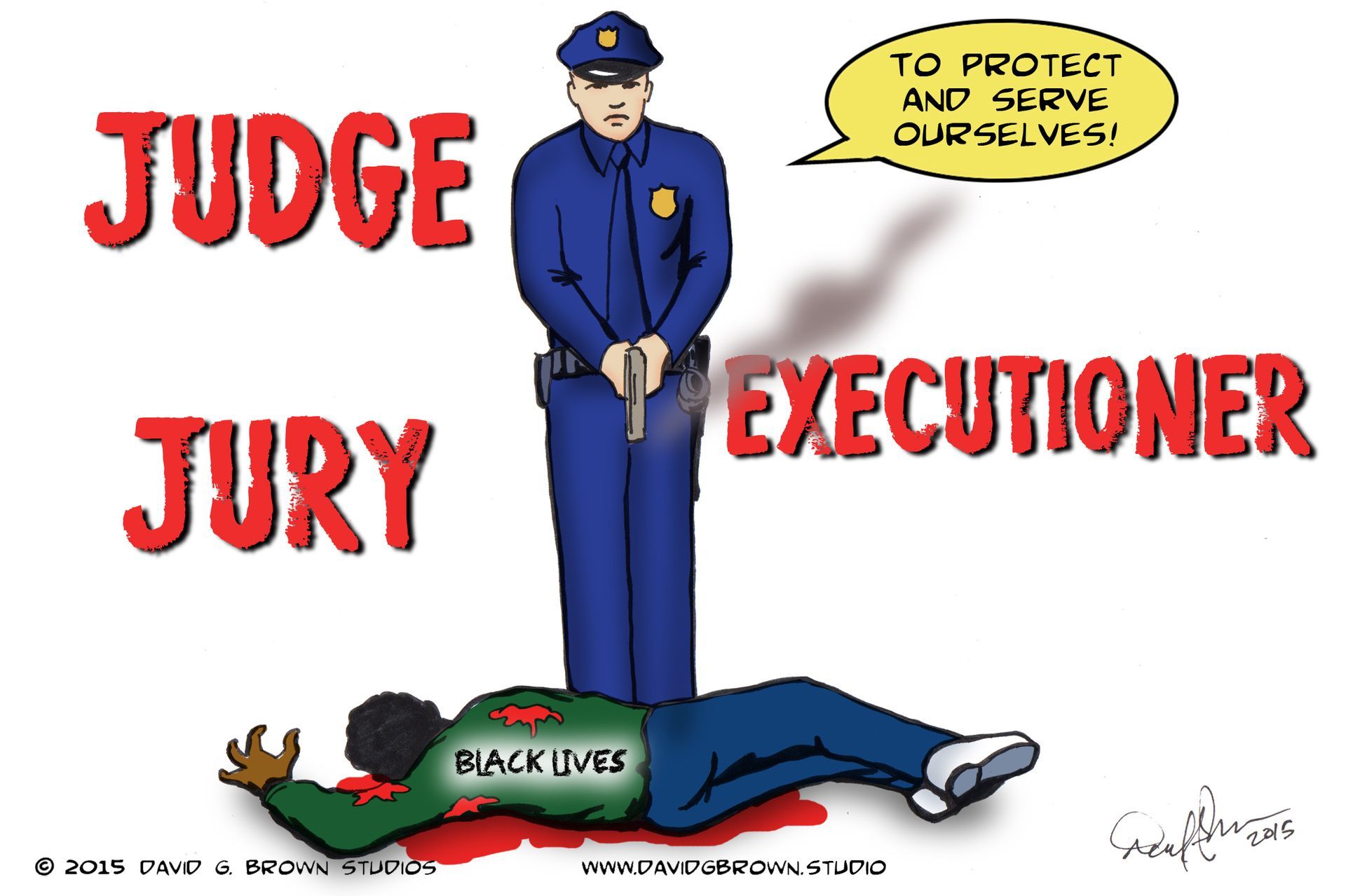 Cartoon: Policeman with gun over dead person labeled 
