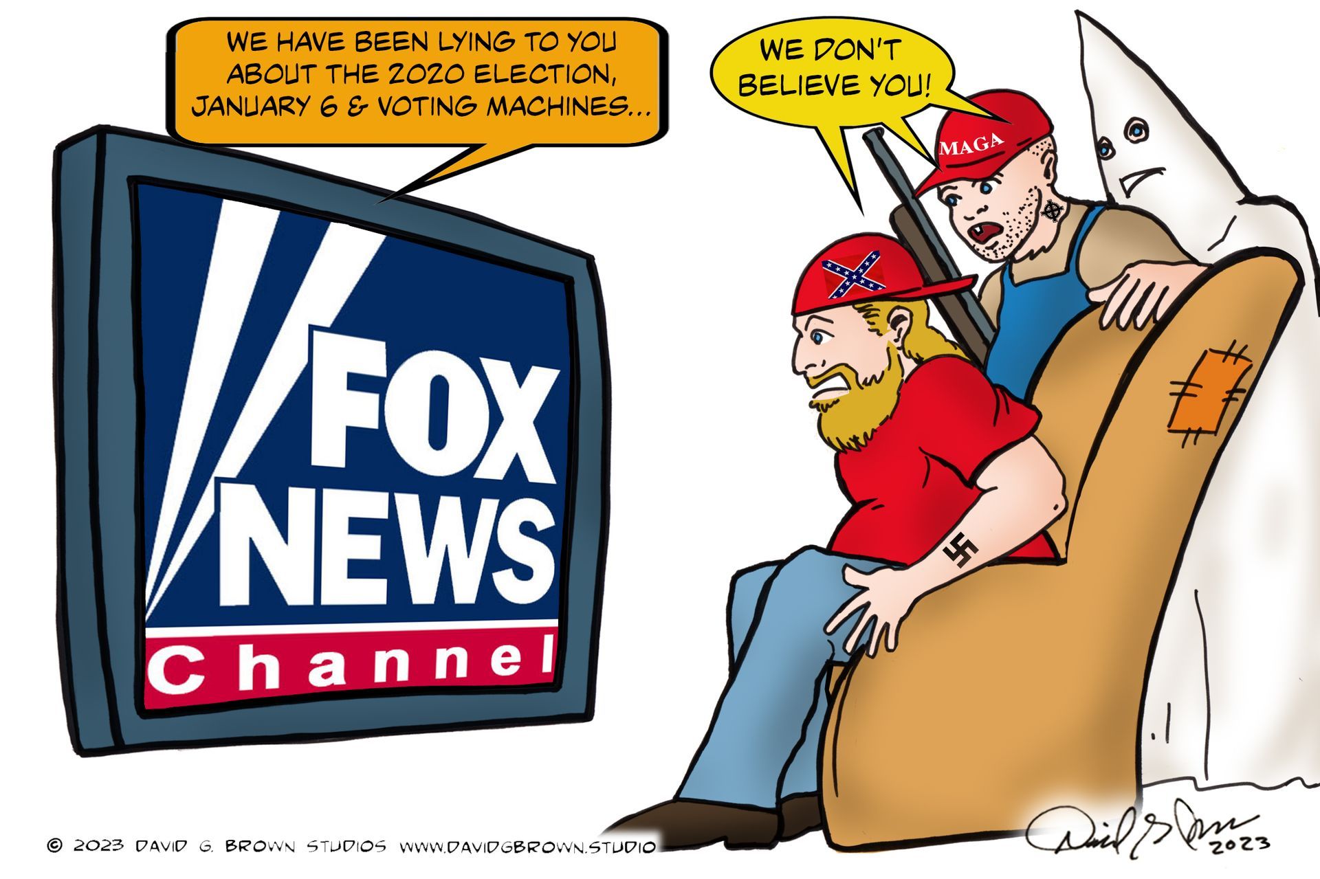 Political cartoon: Three figures, one in KKK hood, confront Fox News screen. Text implies deception about the 2020 election.