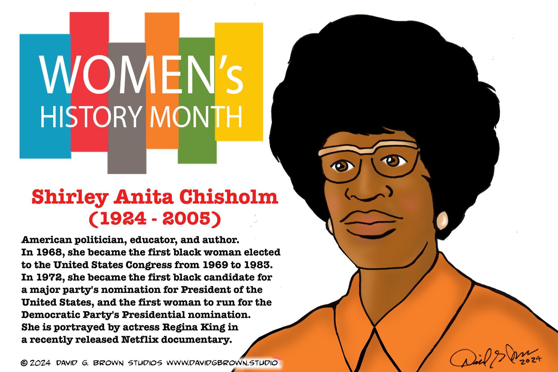 Women's History Month graphic of Shirley Chisholm with text about her accomplishments.