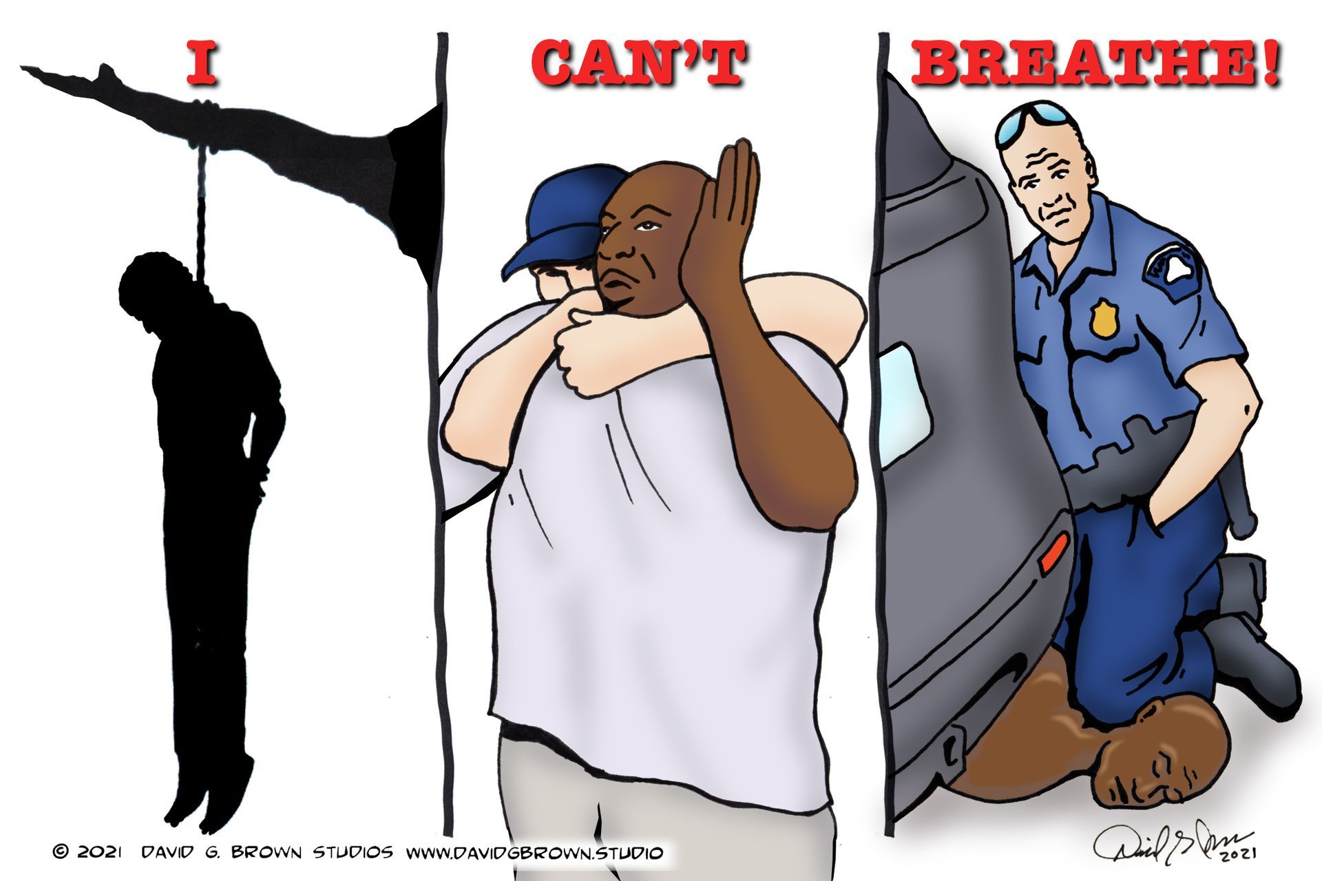 Silhouette of a hanging person, a man being held, and a police officer kneeling on a person's neck. 