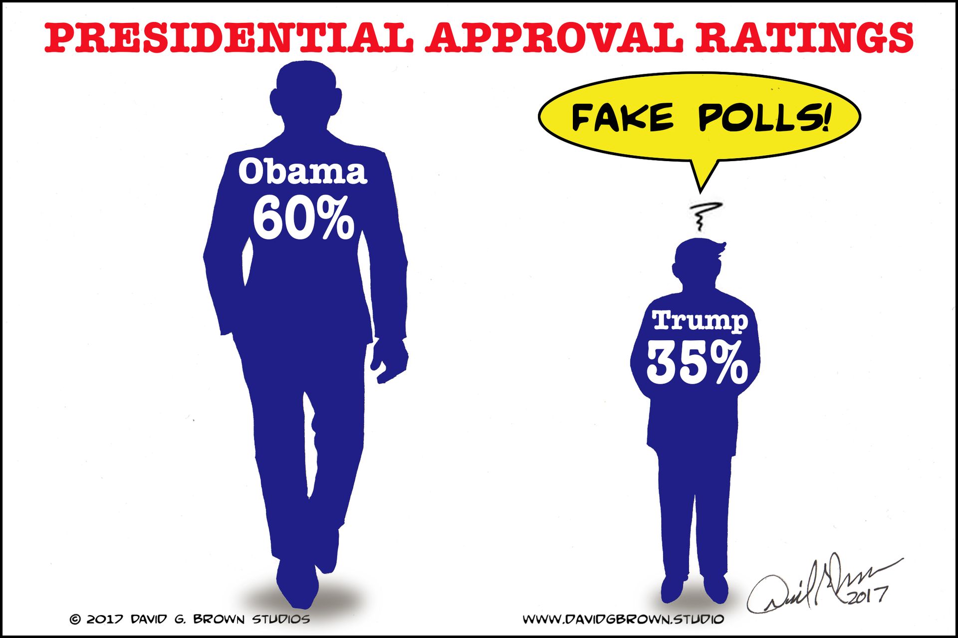 Comparison of Obama and Trump approval ratings. Obama at 60%, Trump at 35%, with speech bubble 