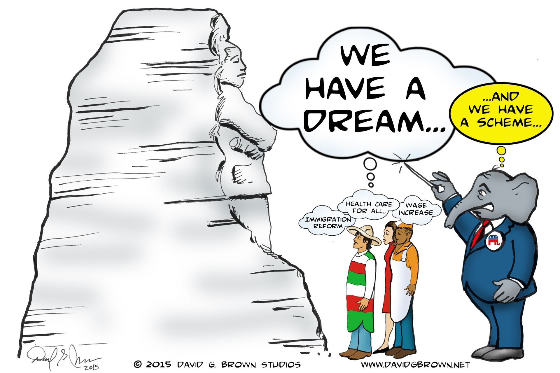 Cartoon: Elephant as politician points at a dream, near stone monument. Two people look on.