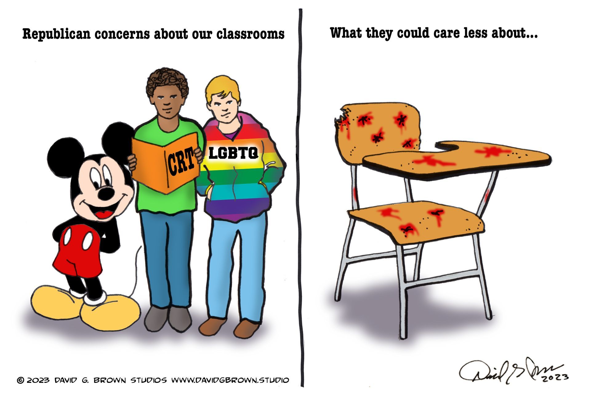 Cartoon: Left panel, Mickey Mouse with two students, one holding 