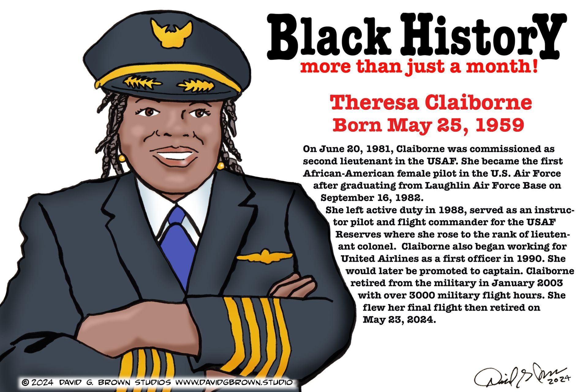 Cartoon of Theresa Claiborne, a Black female pilot, in uniform. Text: 