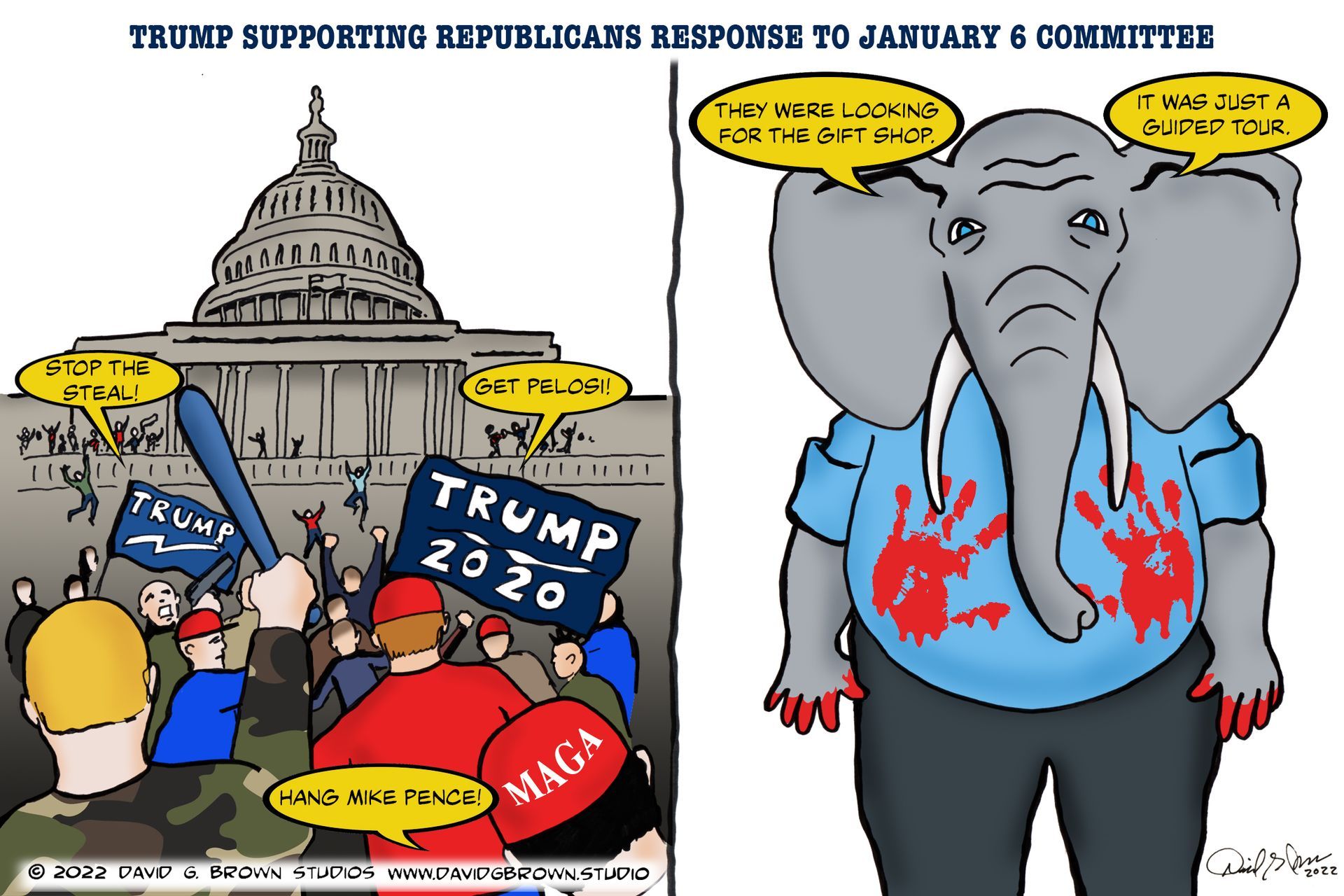 Cartoon: Republicans depicted as an elephant stained with red handprints, next to a mob outside the Capitol.