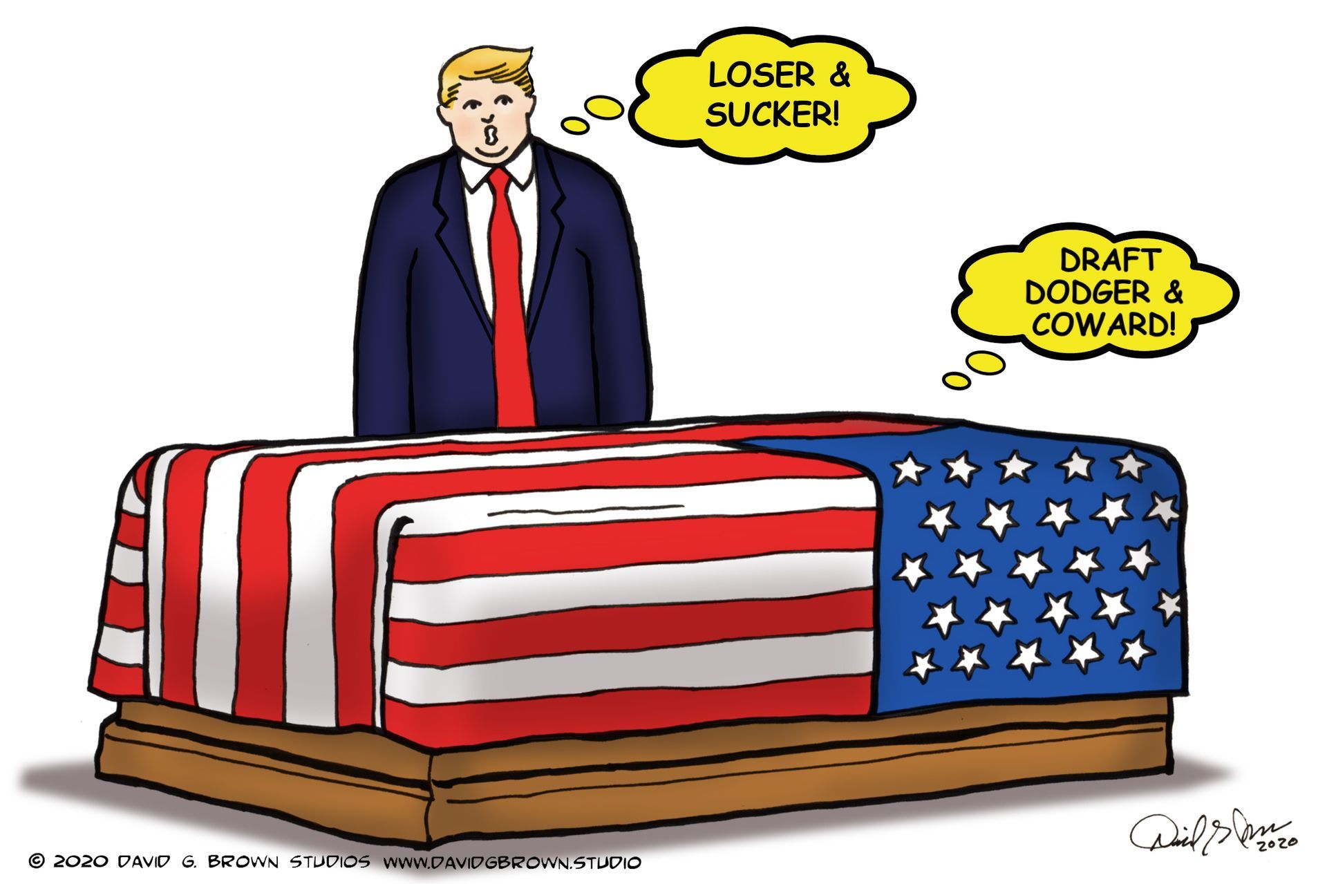 Cartoon: Trump over coffin draped in American flag, thinking 